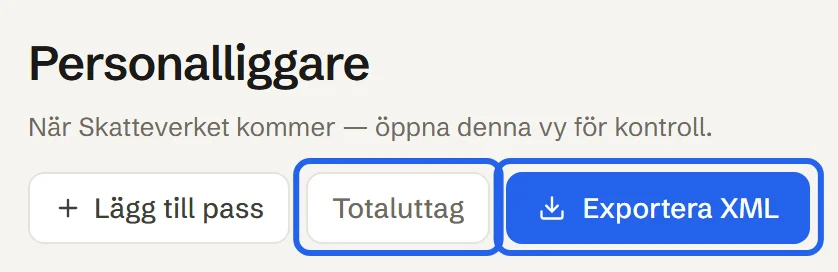 Personalliggarens sidhuvud med knapparna Lägg till pass, Totaluttag och Exportera XML. Totaluttag och Exportera XML är inringade.