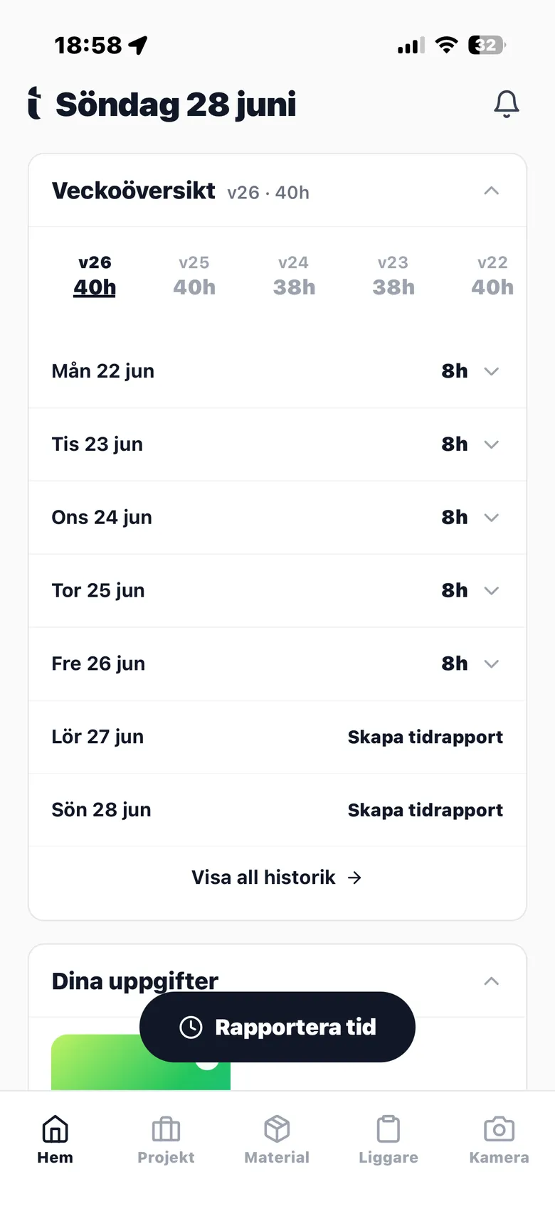 Tidas hemskärm i ljust och mörkt läge