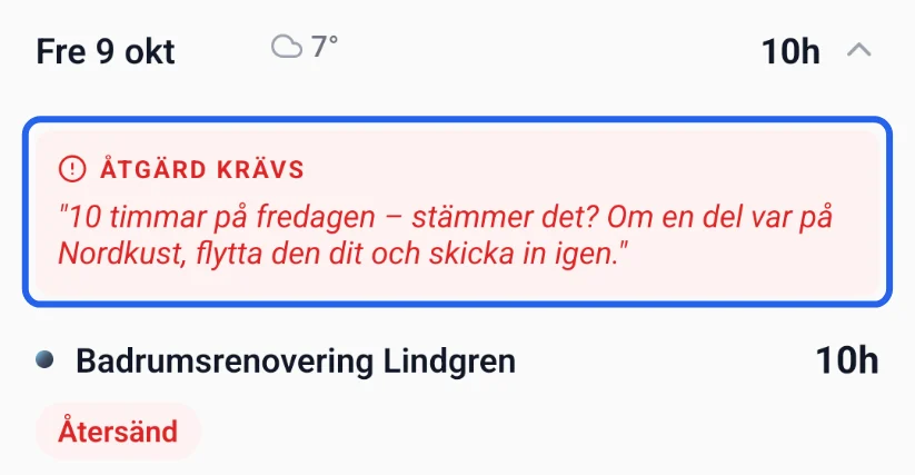 Veckoöversikten för fredag 9 oktober: rutan Åtgärd krävs med en kommentar, inringad, och raden Badrumsrenovering Lindgren 10 h märkt Återsänd.