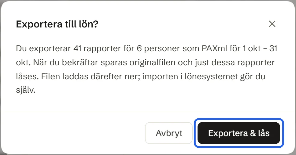 Dialogen Exportera till lön? med antal rapporter och personer, format och period, och knapparna Avbryt och Exportera & lås.