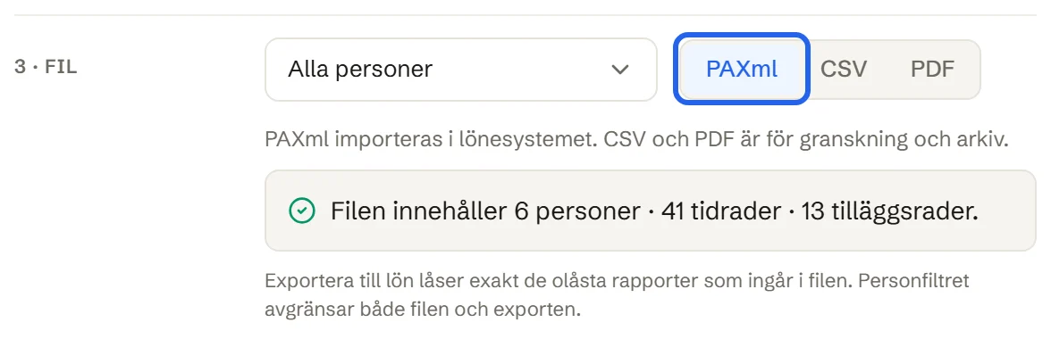 Steget 3 · Fil med personfilter och formatknapparna PAXml, CSV och PDF, där PAXml är valt.