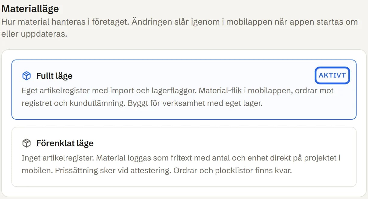 Rutan Materialläge med korten Fullt läge, som är aktivt, och Förenklat läge.