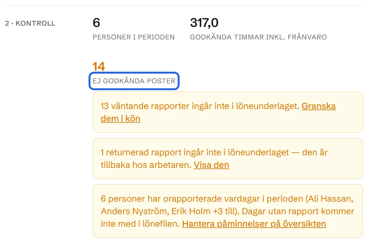 Steget 2 · Kontroll med antal personer, godkända timmar och ej godkända poster, och gula rutor om det som inte kommer med.