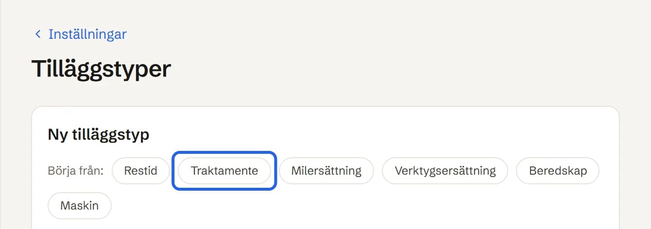 Formuläret Ny tilläggstyp med mallknapparna Restid, Traktamente och Milersättning efter Börja från.