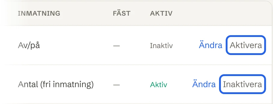 Högra delen av listan: raden för Korgbil står som Inaktiv med knappen Aktivera, raden för Milersättning som Aktiv med knappen Inaktivera.